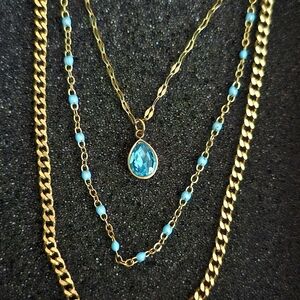 Gold and Blue Triple Layer Necklace